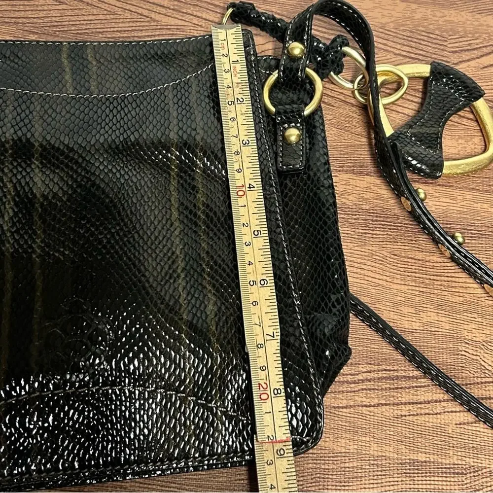 Tortuga Black Leather Snakeskin Embossed Crossbody Bag Gold Ring Accent Turtle